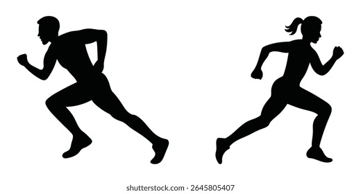 Man and woman runner silhouettes set, vector silhouette design, isolated on white background