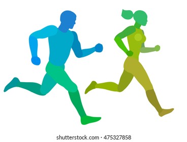 Man and woman are running. Abstract colorful silhouette of two runners.Logo template vector illustration isolated on white background.