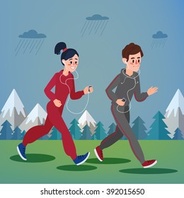 Man and Woman Running. Active People. Life in Motion. Health Care. Mountains Landscape. Rainy Weather. Vector illustration. Flat style