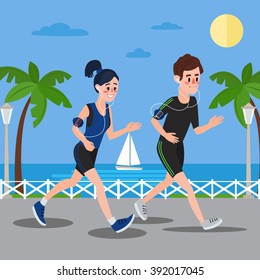 Man and Woman Running. Active People. Life in Motion. Health Care. Seaside Landscape. Beach Vacation. Vector illustration. Flat style