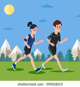 Man and Woman Running. Active People. Life in Motion. Health Care Lifestyle. Mountains Landscape. Vector illustration. Flat style