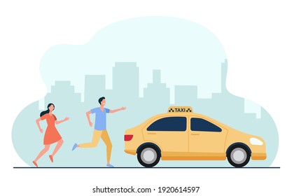 Man And Woman Running After Taxi In Hurry. Car, City, Vehicle Flat Vector Illustration. Transportation And Urban Lifestyle Concept For Banner, Website Design Or Landing Web Page