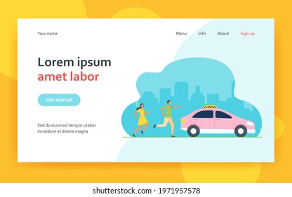 Man And Woman Running After Taxi In Hurry. Car, City, Vehicle Flat Vector Illustration. Transportation And Urban Lifestyle Concept For Banner, Website Design Or Landing Web Page