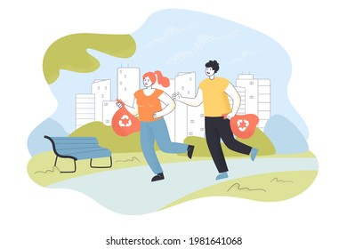 Man and woman running with bags in park. Cartoon characters picking up garbage flat vector illustration. Plogging, green society, ecology, eco-friendly activity concept for banner, website design