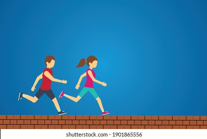 Man and Woman running at brick floor vector illustration flat style on blue background.