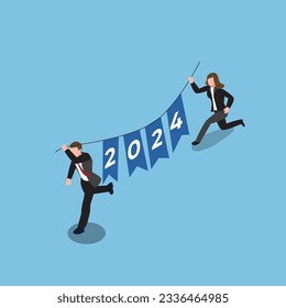 Man and woman running carrying a 2024 banner isometric 3d vector illustration concept for banner, website, illustration, landing page, flyer, etc