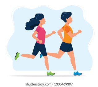 Man and woman running. Concept illustration for healthy lifestyle, sport, jogging, outdoor activities. Vector illustration in flat style