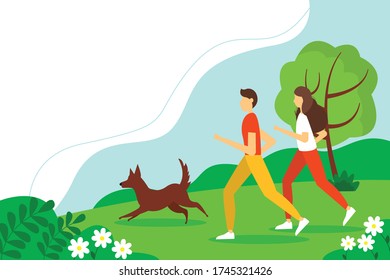 Man and woman running with the dog in the Park. Cute summer illustration in flat style.