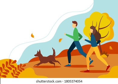 Man and woman running with the dog in the Park in autumn. Cute vector illustration in flat style.