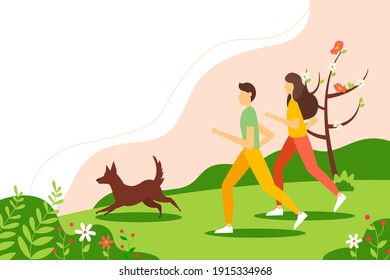 Man and woman running with the dog in the Park in spring. Cute vector illustration in flat style.