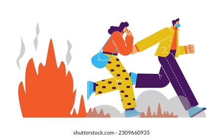 Man and woman running from fire flat style, vector illustration isolated on white background. Evacuation, hurry characters, danger and urgency, decorative design element