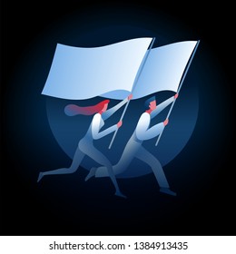 Man and woman are running with flags. Vector concept illustration.