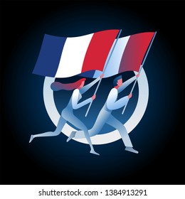 Man and woman are running with France flags. Vector concept illustration.