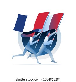 Man and woman are running with France flags. Vector concept illustration.