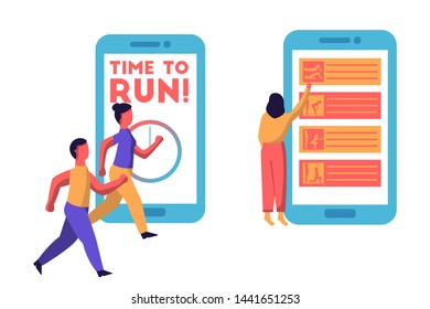 Man and woman running with the giant smartphone in the background saying time to run. Planning sport activities online. Flat vector illustration.