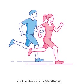 Man and woman running linear silhouettes