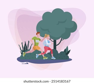 Hombre y mujer corriendo maratón. Atletas trotando en la Ilustración vectorial de un parque. Actividad, estilo de vida, mañana, concepto de competencia para el Anuncio, Diseño web o página de aterrizaje