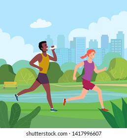 Man and woman running marathon in city park. Vector flat style Illustration.