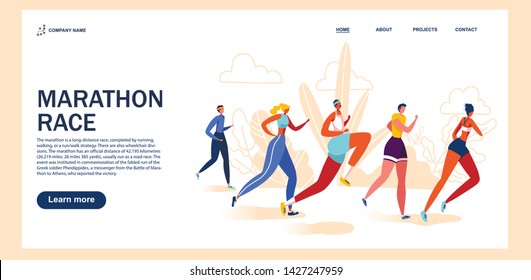 Man and woman running marathone race. Flat modern vector concept illustration. Creative landing page desing template, web banner.