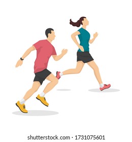 Man and woman are running in modern style vector illustration, healthy person simple flat shadow isolated on white background.