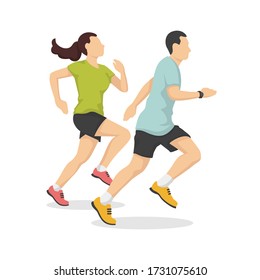 Man and woman are running in modern style vector illustration, healthy person simple flat shadow isolated on white background.