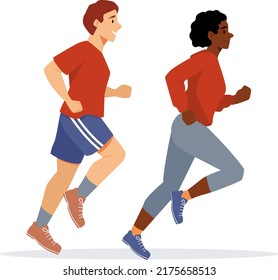 man and woman running. Morning jogging run. The concept of sport activity and healthy lifestyle. Vector illustration of workout. Marathon race concept. Cardio training
