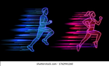 Man and woman running neon light style, jogging people set. Healthy lifestyle and sports concept vector illustration.