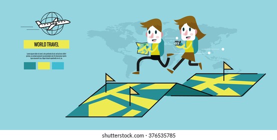 Man and woman running on the map. World travel concept. website banner, template, poster, icons. flat thin line design elements. vector illustration