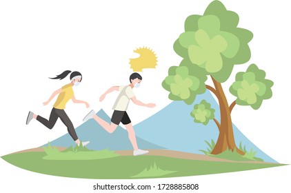 A man and woman running outside while using medical mask