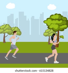 Man and woman running in park
