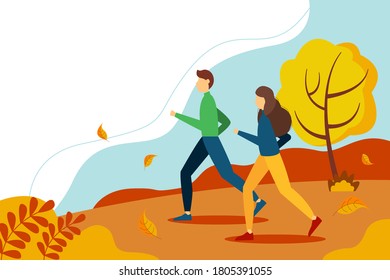 Man and woman running in the Park. Cute autumn vector illustration in flat style. 