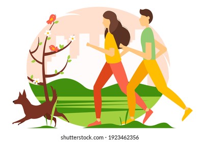 Man and woman running in the park with dog. Spring vector illustration in flat style. 