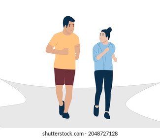 Man and woman running in the park. Illustration for marathon, city run, training, cardio exercising. Vector illustration in flat style