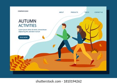 Man and woman running in the Park. Landing page template. Conceptual illustration of an active lifestyle, outdoor recreation. Autumn vector illustration in flat style.