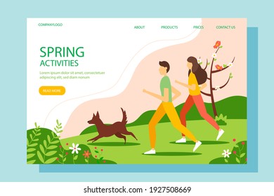 Man and woman running in the Park. Landing page template. Conceptual illustration of an active lifestyle, outdoor recreation. Spring vector illustration in flat style.