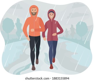 Man and woman running in the park in the rain and snow. Sports training on the street. Runners in motion. Marathon and long runs outside. running and fitness every day in all weathers. vector flat