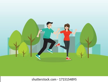 Man and woman running in public park. Vector illustration