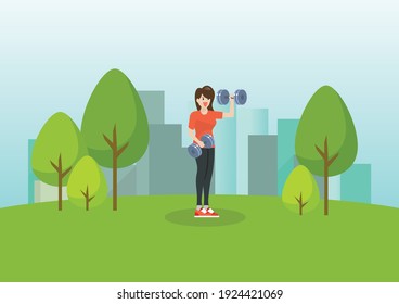 Man and woman running in public park. Vector illustration