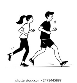 Hombre y mujer corriendo en una carrera. Ilustración vectorial en blanco y negro.