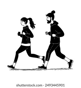 Hombre y mujer corriendo en una carrera. Ilustración vectorial en blanco y negro.