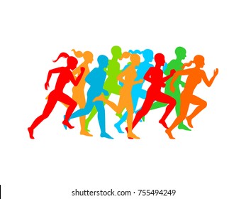 Man & Woman running. Set of silhouettes of running men and women. Vector.