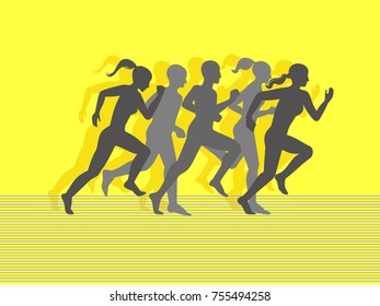 Man & Woman running. Set of silhouettes of running men and women. Vector.