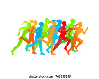 Man & Woman running. Set of silhouettes of running men and women. Imitation of transparency.Vector EPS 8.