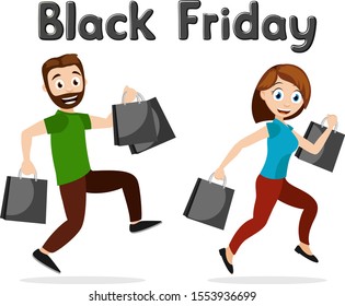 Man and woman running with shopping on a white. Black Friday