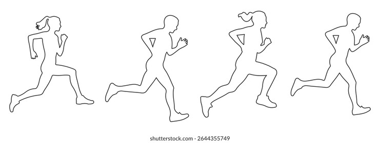Man and Woman running silhouettes icon. Running men and women, vector set of isolated white background. Eps 10.