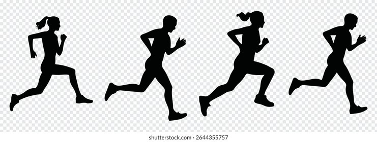 Man and Woman running silhouettes icon. Running men and women, vector set of isolated white background. Eps 10.