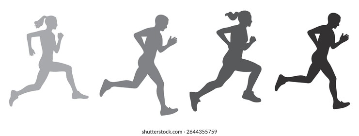 Man and Woman running silhouettes icon. Running men and women, vector set of isolated white background. Eps 10.
