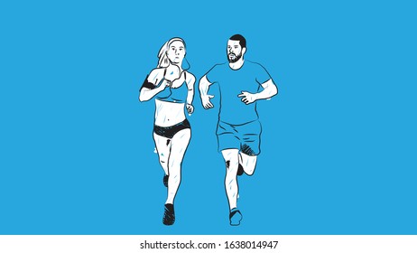 man and woman running simple hand drawn design style minimal vector illustration