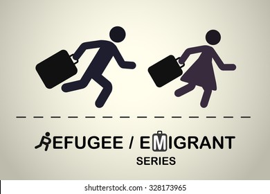 Man and woman running with suitcases. Emigrant / refugee series.