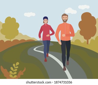 A man and a woman running through an autumn park. Sports training on the street. Runners on the move. Marathon and long runs outside. running and fitness every day in all weathers. vector flat